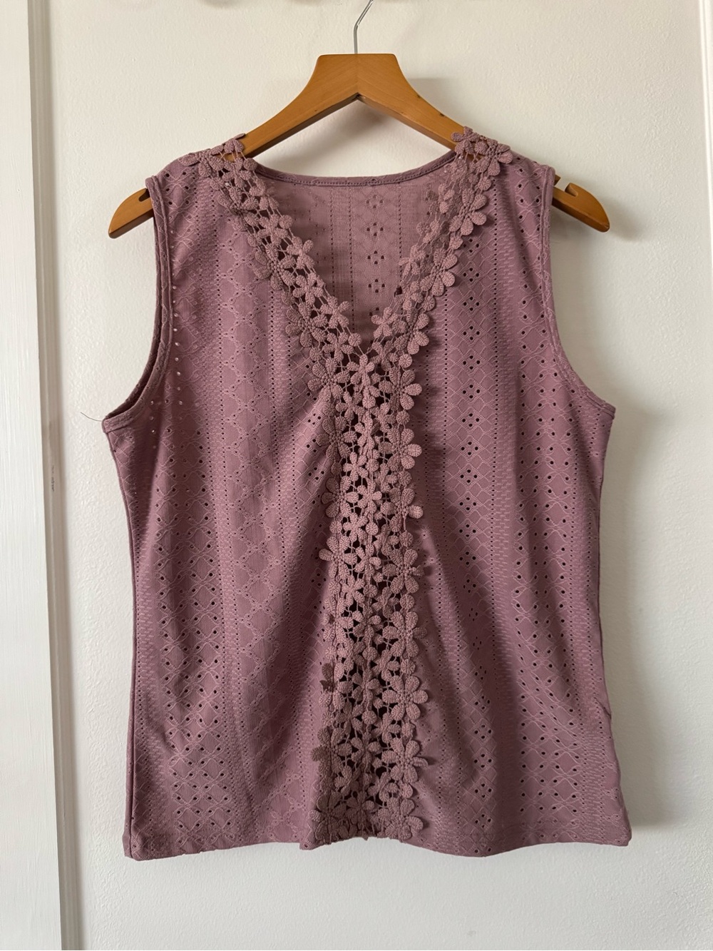 Sleeveless Eyelet Tank with Floral Lace Trim - Mauve